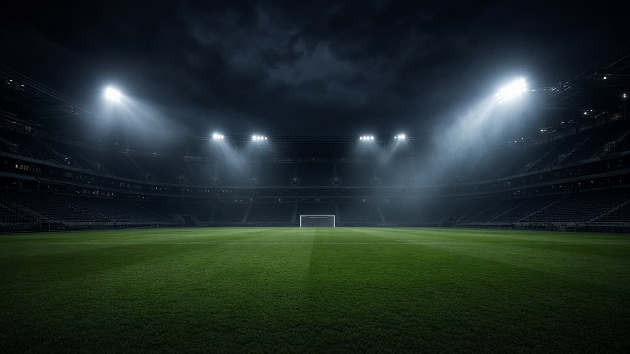 Fotballstadion om natten med stadionlys